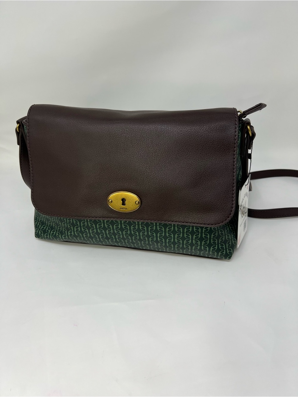 Fossil Brown Leather Flap Messenger Bag with Green Monogram Base